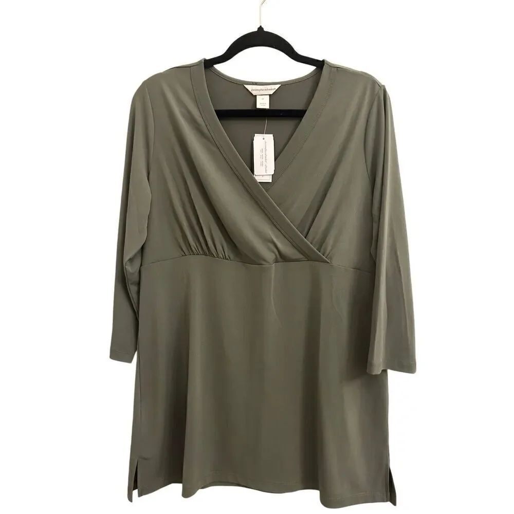 NWT Christopher & Banks Olive green Tunic blouse M stretchy jersey